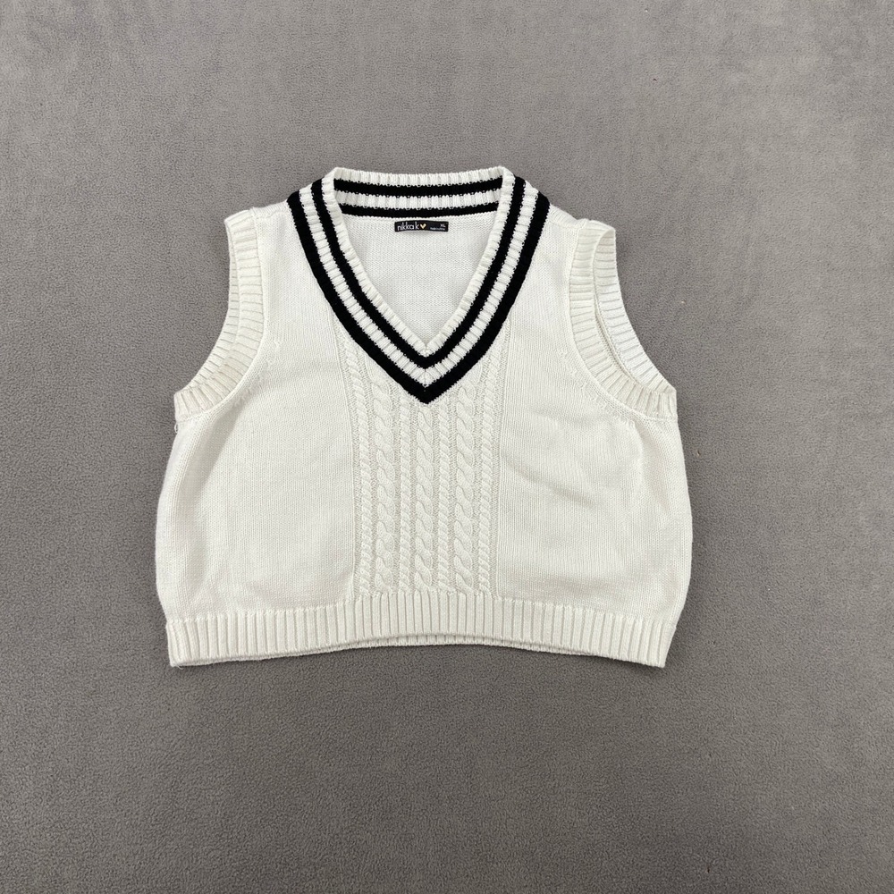 Nikka K Womens XL Cream White Black Striped V-Neck Cable Knit Sweater Vest 5034